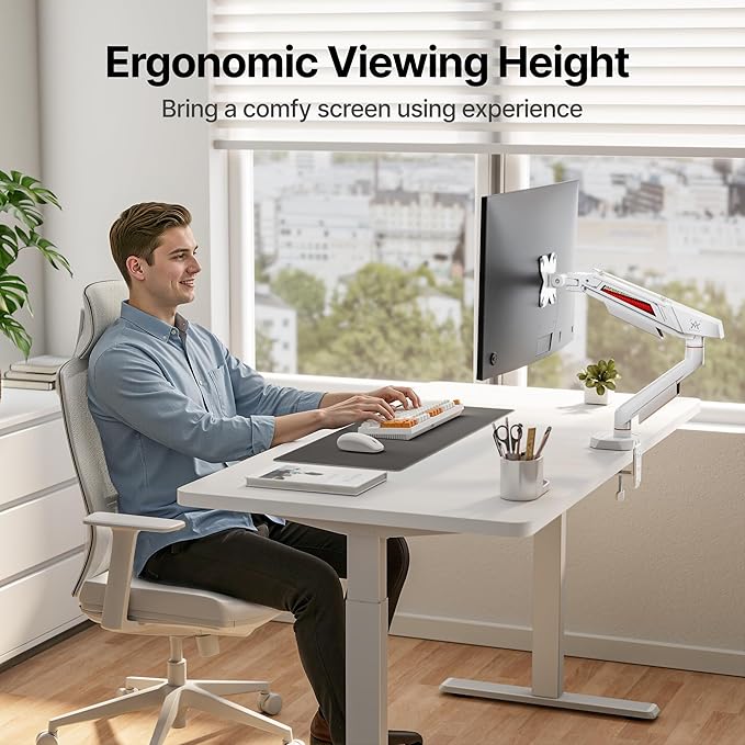 ARES WING Heavy Duty Single Monitor Arm, Fully Adjustable Single Monitor Mount for 17-40 Inch Flat Curved Ultrawide Screens Up to 26.5lbs with USB A/C, C-Clamp & Grommet Base, 75/100 Vesa Mount, White