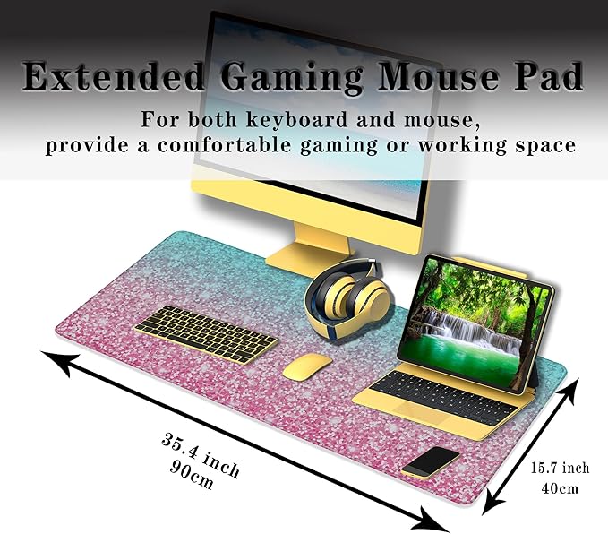 Gaming Mouse Pad Office Desk Mat, Extra Large Pink Glitter Pad for Women, Waterproof Non-Slip Rubber Base, 35.4 X 15.7 in for Work/Game/Office