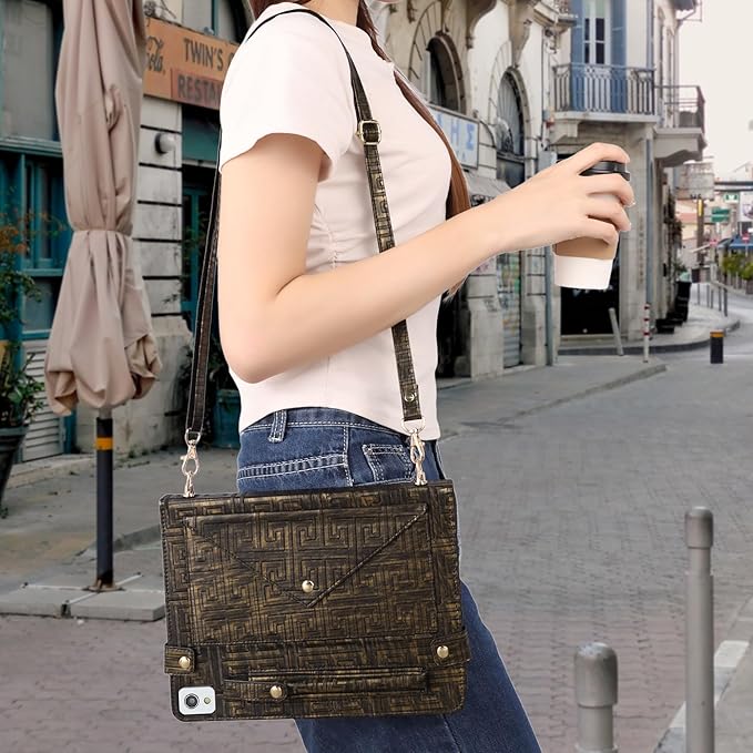 Handbag Case for iPad 9th 8th 7th Gen 10.2"/iPad Pro 10.5/iPad Air 3 2019 - Techcircle Vintage Pattern Crossbody Folio Stand Wallet Case with Pencil/Card Holder, Hand Grip/Shoulder Strap, Retro Bronze