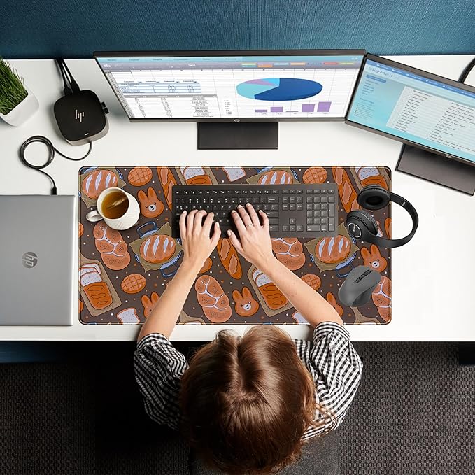Kawaii Desk Mat Cute Mouse Pad Large Gaming Desk Pad, Bunny Bread Keyboard Mat Extended, Full Desktop Computer Mouse Mat XXL, Pastries Food Desk Decorations for Women Office 31.5x15.7 Inch