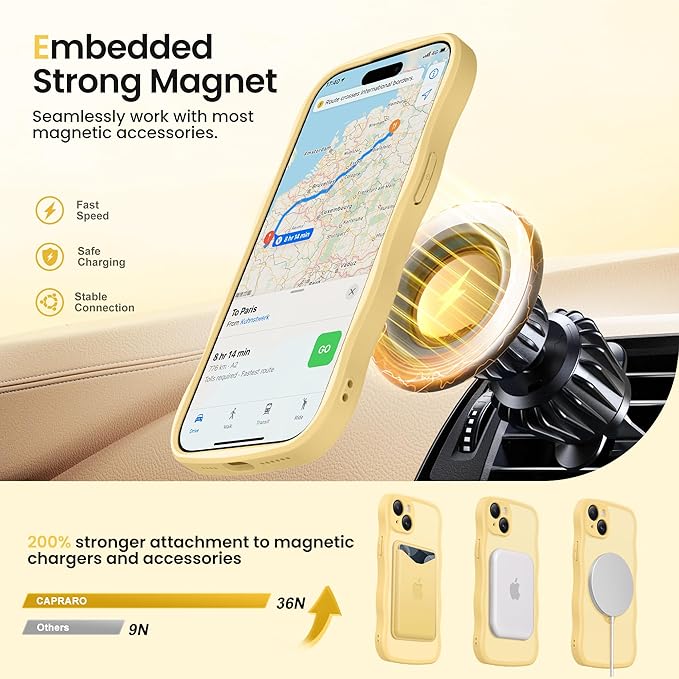 CAPRARO for iPhone 15 Plus Case with 360° Spin Magnetic Stand for Women, [Compatible with MagSafe] [Full Camera Protection] Cute Wave Translucent Matte Case for iPhone 15 Plus, Jasmine Yellow