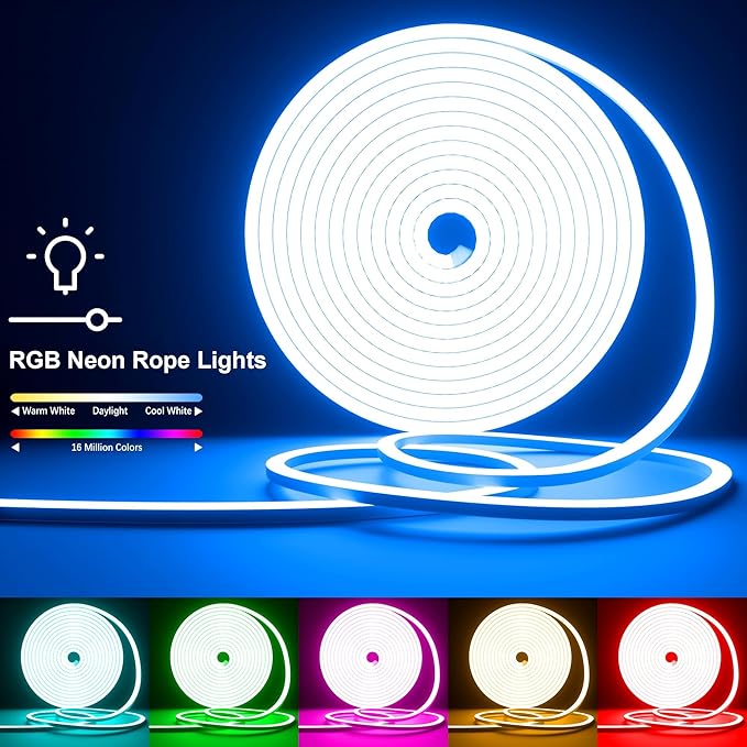 Cozylady RGB Neon LED Rope Lights, Waterproof Bluetooth APP Remote Control Music Sync Strip Lights, 24V Flexible DIY Silicone Light for Bedroom Home Indoor Outdoor Decor (12M/40Ft)