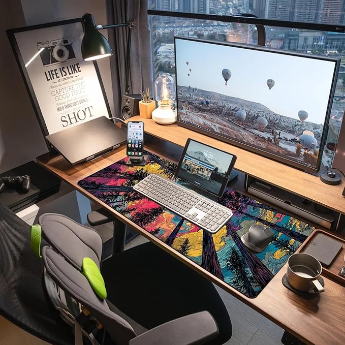 Extended Gaming Mouse Pad, Large Mouse Mat 3 mm Nature Rubber Base Mousepad with Stitched Edges, Non-Slip Desk Mat for Office Home Great Gift 31.5x11.8 Inch (Starry Forest 1)