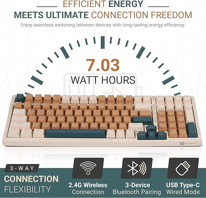 Qisan Wireless/Wired Mechanical Gaming Keyboard,Triple Mode 2.4G/USB-C/BT (98%) Wireless Mechanical Keyboard with US Layout | Blue Switch Rechargeable RGB Backlit Keyboards for Gaming, Brown Combo