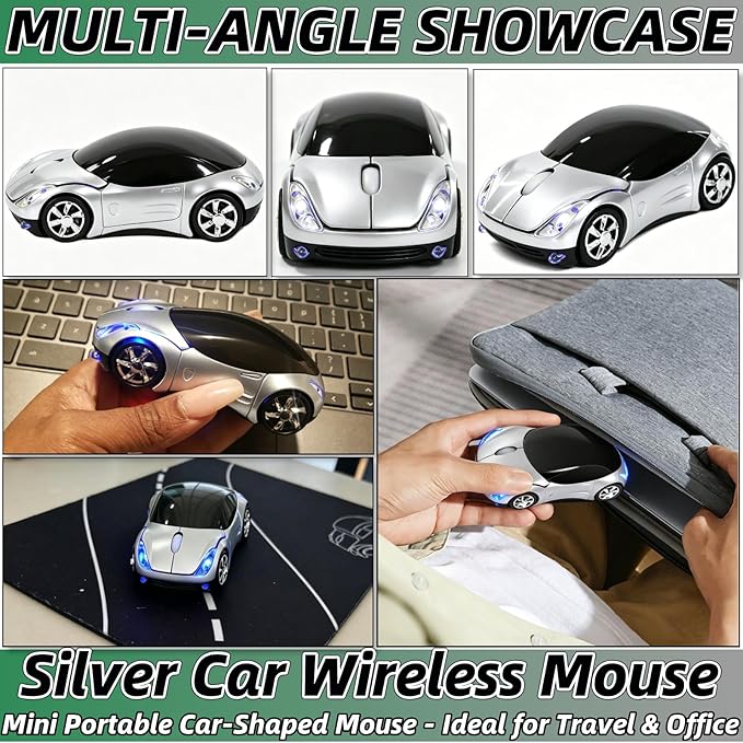 Silver Wireless Mouse，Mini Car Computer Mouse，1600DPI 2.4G with USB Receiver, Ergonomic Cute Computer Mice for Laptop, PC, Windows, Mac OS (Silver)