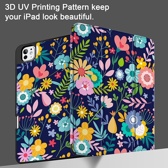DONGKE Case for iPad Pro 11 inch (M5 2025 / M4 2024, 6th & 5th Generation) – [Built-in Pencil Holder] Ultra Slim PU Leather Trifold Stand Cover with Soft TPU Back, Auto Wake/Sleep, Florals