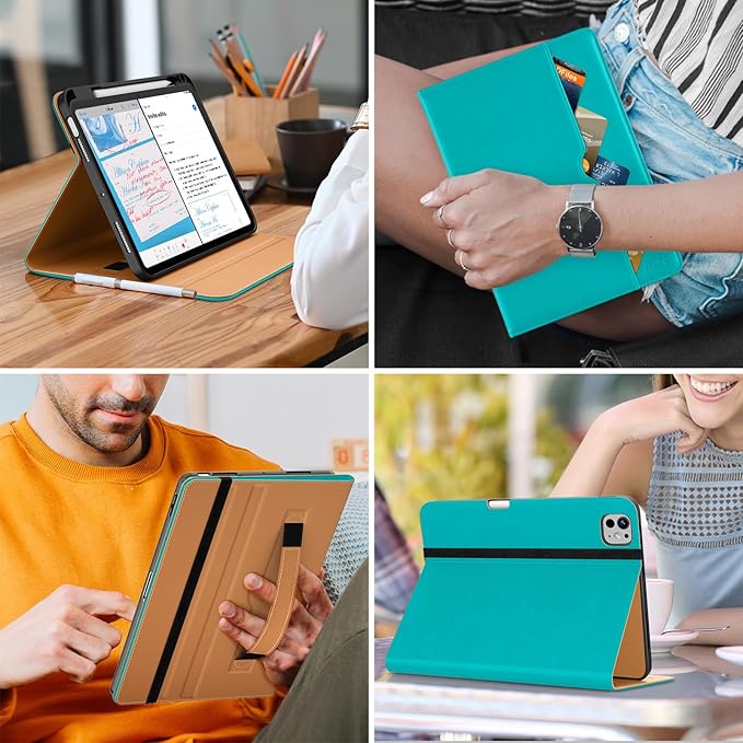 DTTO for iPad Pro 11 inch Case (M5/M4) 2025/2024, Premium Leather Business Folio Stand Cover with Pencil Holder - Auto Wake/Sleep and Multiple Viewing Angles, Cyan Blue