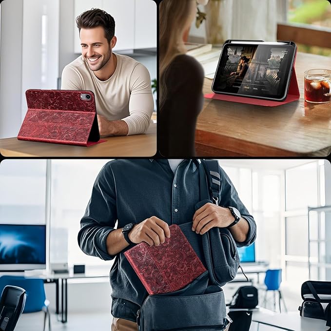 Gexmil Leather Case for iPad mini 7 (A17 Pro) 2024 / iPad mini 6 Generation 2021 8.3 Inch,Premium Cowhide Cover with Pencil Holder,Adjustable Stand, Auto Wake/Sleep,Floral Red