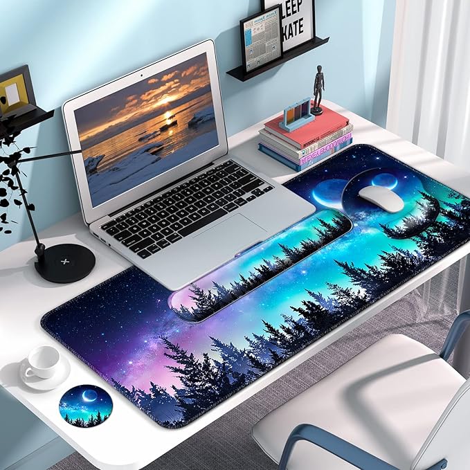Mouse Pad + Desk Mat + Keyboard Wrist Rest + Coaster 4 in 1 Set, Cute Ergonomic Large Gaming Mousepad with Wrist Rest Support Desk Pad for Computer Laptop Office Home Decor-Forest Moon