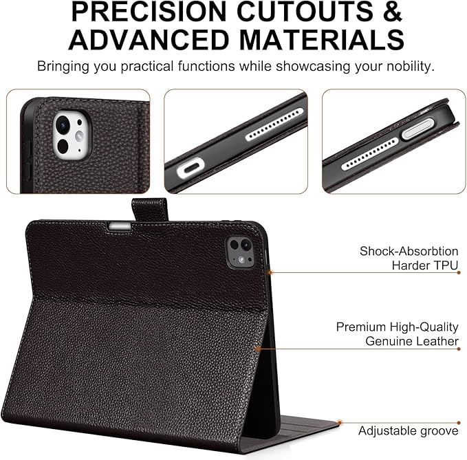 Genuine Leather Case for iPad Pro 11 inch Case (M5) 2025 / (M4) 2024 | with Pencil Holder and Adjustable Stand, Magnetic Closure, Auto Wake/Sleep Cover | Dark Brown