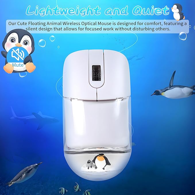Wireless Mouse -Cute Clear Aqua Design, Water Mouse with Optical Precision, Silent Clicks, Lightweight & Floating Animal Transparent Retro Style for Home Office, Great for Kids & Adult(Penguin-White)