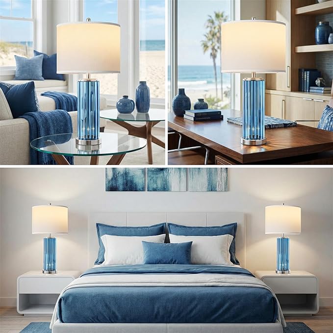 QiMH Table Lamps for Bedroom Set of 2 with Nightlight, Modern Bedside Lamp with USB A+C Charging Port, Blue Nightstand Lamp for Living Room White Shade Home Decor, 2 Bulbs Included