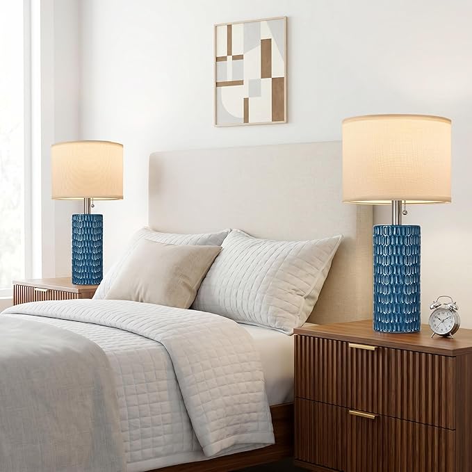 Reaketon Table Lamps for Living Room Set of 2, Ceramic Table Lamps for Bedroom, 20" Modern Lamps for Night Stands, Blue