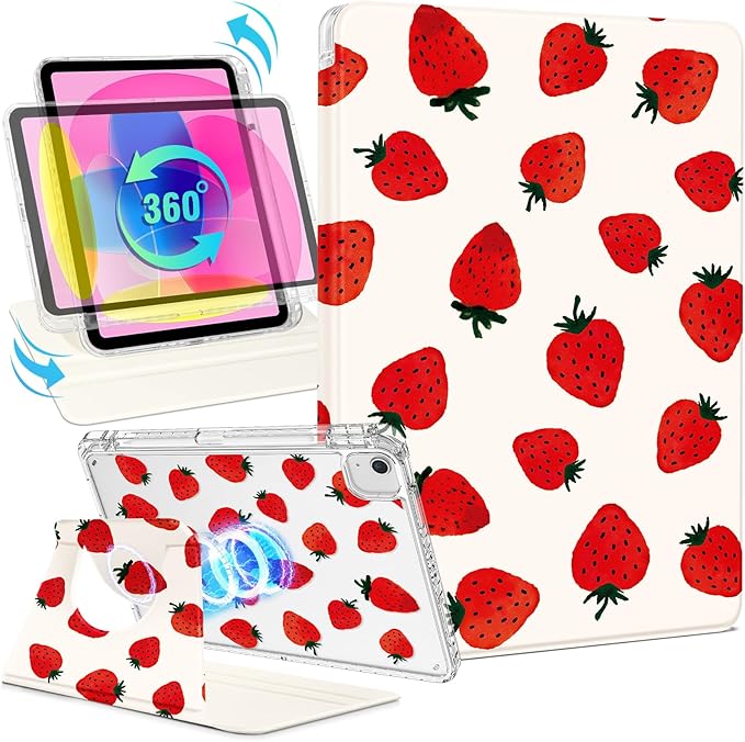 Shorogyt for iPad Air 11 Inch Case Air M4 2026, 8th Gen/M3 2025/M2/Air 5th Generation 2022/Air 4th Gen 2020/Pro 11 Inch Case Magnetic Stand for Women - Cute 360 Degree Rotating Cover Girl Strawberry