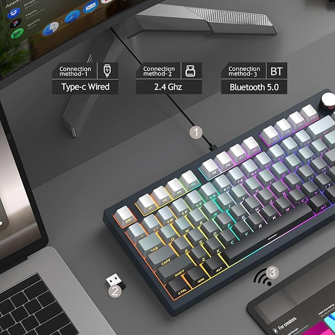 MageGee LIGHT75 Wireless Creamy Keyboard, Tri-Mode Bluetooth/2.4GHz/USB-C RGB Backlit, Gasket Hot Swappable Custom Gaming Keyboard for Win/Mac/PC, with Knob, Side Printed PBT Keycaps, Black