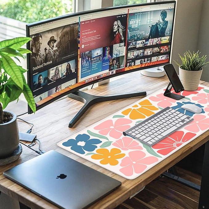 iCasso XXL Large Mouse Mat, Anti-slip Big Mousepad with Stitched Edges, Keyboard Pad Mat for Computer, Work, Gaming (Colorful Flower)