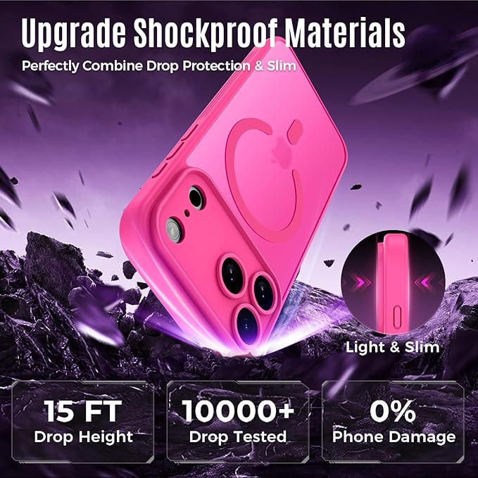 Symcele Designed for iPhone 17 Pro Case, Compatible with MagSafe, [Camera Protection] [15FT Military Drop Protection] Shockproof Translucent Matte Anti-Slip Phone Case, 6.3", Hot Pink