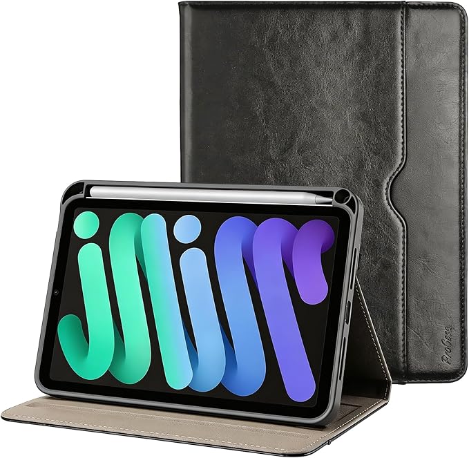 ProCase for iPad mini 7th (A17 Pro) 2024/iPad Mini 6th Generation 2021 8.3 Inch Case; Premium PU Leather Folio Business Stand Cover with Hand Strap; Pencil Holder; Front Pocket -Black