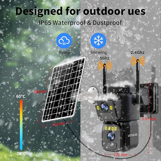 LETSCEE Security Cameras Outdoor WiFi,5G/2.4G Cameras for Home Security Solar Power with Dual Lens,Motion Detection,Night Vision,2-Way Audio,Weather Proof,No Subscription Fee
