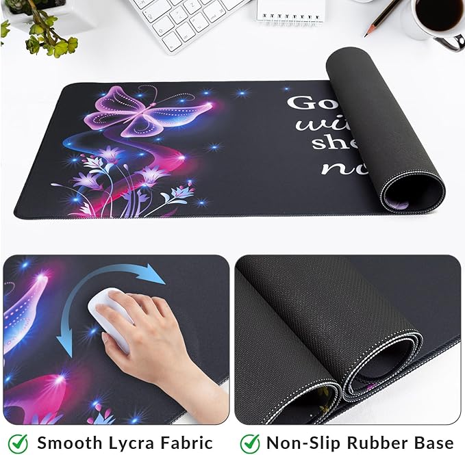 Large Gaming Mouse Pad with Coaster, Desk Matt for Desktop, Desk Pad, Mouse Pads Mat, Stitched Edges Big Extended Mousepad for Computer Keyboard Laptop Office Decor, 31.5'' x15.6''-Purple Butterfly