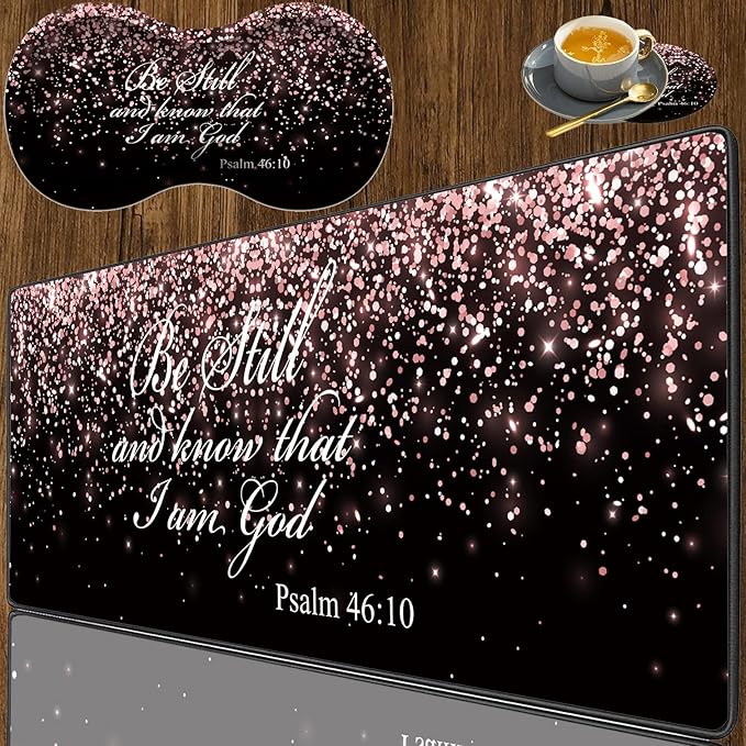 3 Piece Mouse Pad Set with Stitched Edge Large Anti-Slip Mouse Pad Desk Pad Keyboard Pad + Wrist Rest Pad + Coaster, Memory Foam Wrist Rest for Office/Home - Rose Gold Glitter Black Psalm46:10