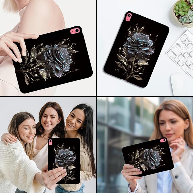 for Apple iPad (A16) 11th Generation Case 11 inch 2025 & iPad 10th Generation Case 10.9 inch 2022, Lightweight Soft TPU Back Shockproof Cover Silicone Bumper Shell, Black Rose Flower