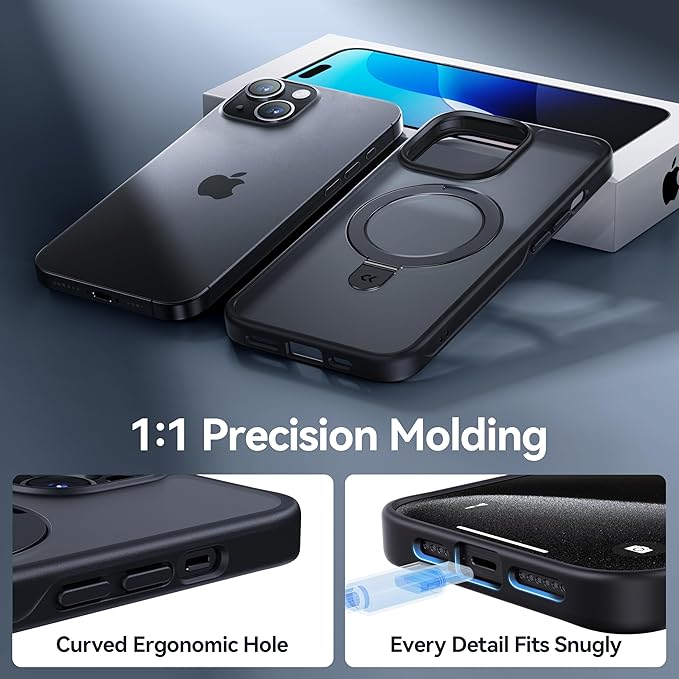 CASEKOO for iPhone 15 Case with Magnetic Invisible Stand [Military Drop Protection] [Compatible with MagSafe] Shockproof Slim Translucent Matte Case 6.1 Inch, Black, for Man/Woman