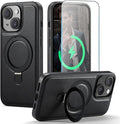for iPhone 14 Plus Case with Stand Compatible with Magsafe Slim PU Leather & Durable TPU Drop Proof Magnetic Kickstand Protective Cover with Tempered Glass Screen Protector 6.7", Black