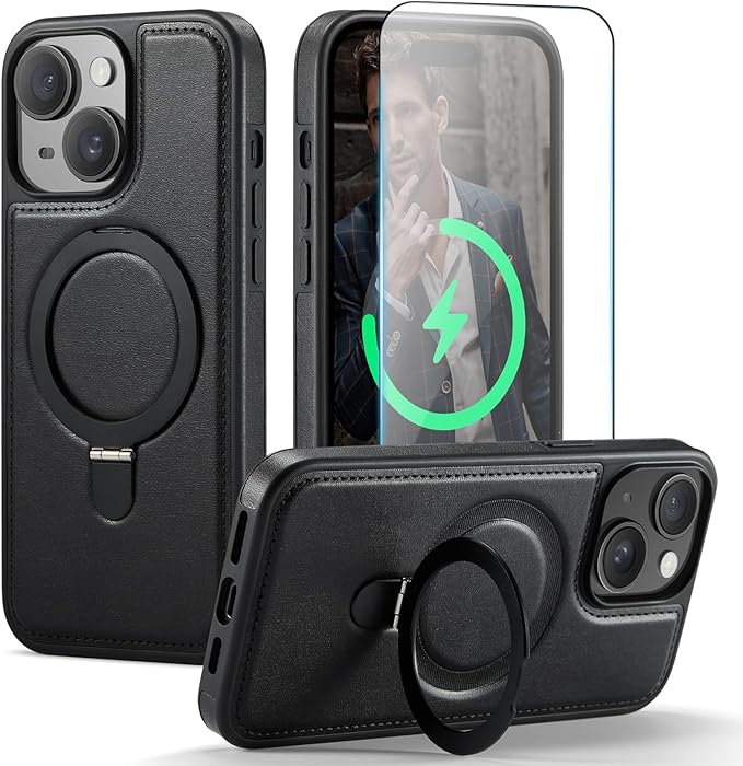 for iPhone 15 Plus Case with Stand, Compatible with MagSafe, Slim PU Leather & Durable TPU Protective Magnetic Kickstand Cover Drop-Proof with Tempered Glass Screen Protector 6.7", Black