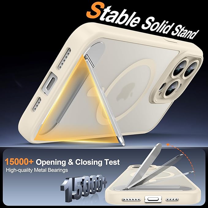 Magnetic Compatible with iPhone 15 Pro Max Case, [Built-in Kickstand][Full Camera Protection][Compatible with MagSafe][Anti-Fingerprint] Shockproof Phone Case for iPhone 15 Pro Max 6.7",Beige
