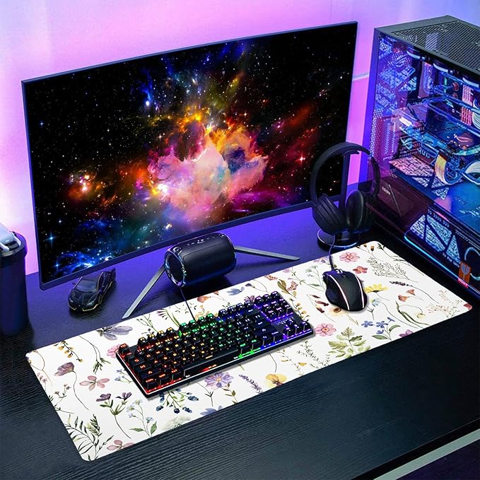 Pretty Flowers Mouse Pad XL Cute Floral Chic Plant Spring Summer Extended Table Mat 80X30cm Non-Slip Rubber Base Stitched Edge Large Mousepad for Desk Gaming Laptop Desk Top,31.5×11.8 Inch