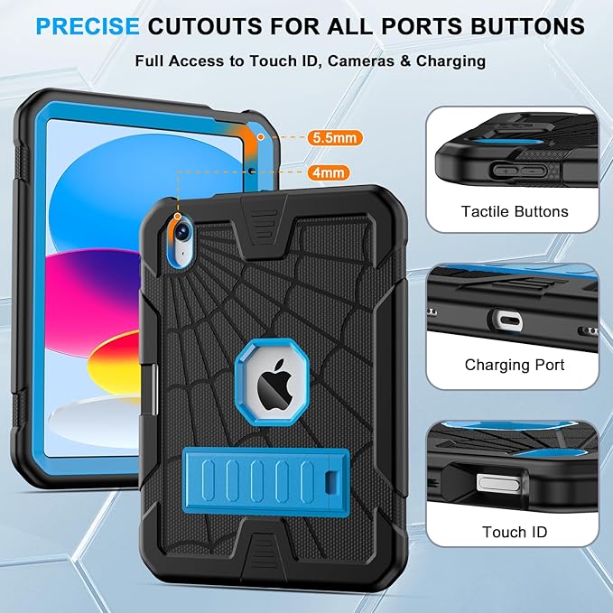 Sibeitu Case for iPad 11th (A16) 2025/ 10th Generation 10.9 Inch 2022, Rugged Shockproof iPad 10 Case with Pencil Holder & Built-in Stand, Hard 11th Gen iPad 11 inch Cover for Kids Boys, Black+Blue