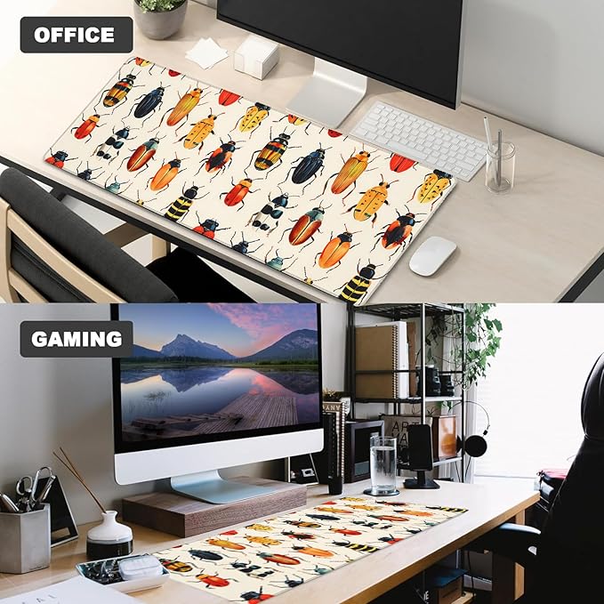 Cute Colorful Beetle Gaming Mouse Pad – 12x31.5in Large Extended Desk Mat with Vibrant Insect Design – Non-Slip Rubber Mousepad for Office Home – Deskmat Gifts for Nature Lovers Decor