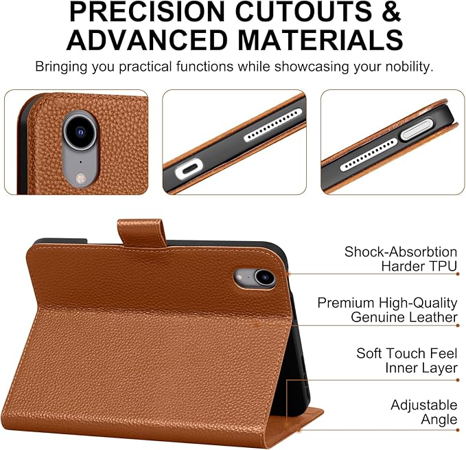 Genuine Leather Case for iPad mini 7th/6th Gen 8.3 Inch 2024/2021 | with Pencil Holder and Adjustable Stand, Magnetic Closure, Auto Wake/Sleep Cover | Brown