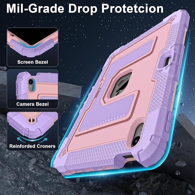 Kids Friendly Case for iPad Air 11 Inch M4 M3 M2 2026/2025/2024 Case with Pencil Holder & Shoulder Strap, Military Grade Shockproof Kickstand Hard Shell Protective Cover,Pink+Purple