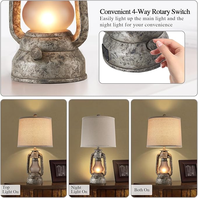 Farmhouse Rustic Table Lamps for Living Room Set of 2, Vintage Lantern Table Lamp with Dual USB Ports, Retro Nightstand Lamp for Bedroom Bedside, 4 Bulbs Included (Iron Gray)