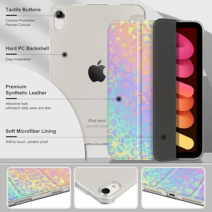 DONGKE for iPad mini 7 (A17 Pro) 2024 & iPad mini 6 2021 8.3 Inch, Slim Foldable Stand Hard PC Translucent Back Shell Smart Cover for iPad mini 7th/6th Generation [Auto Wake/Sleep] - Colorful Leopard