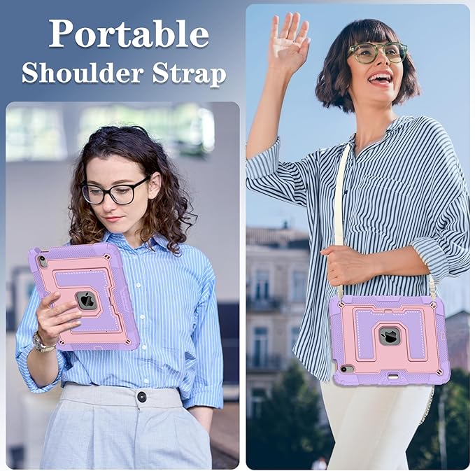 Kids Friendly Case for iPad Air 11 Inch M4 M3 M2 2026/2025/2024 Case with Pencil Holder & Shoulder Strap, Military Grade Shockproof Kickstand Hard Shell Protective Cover,Pink+Purple