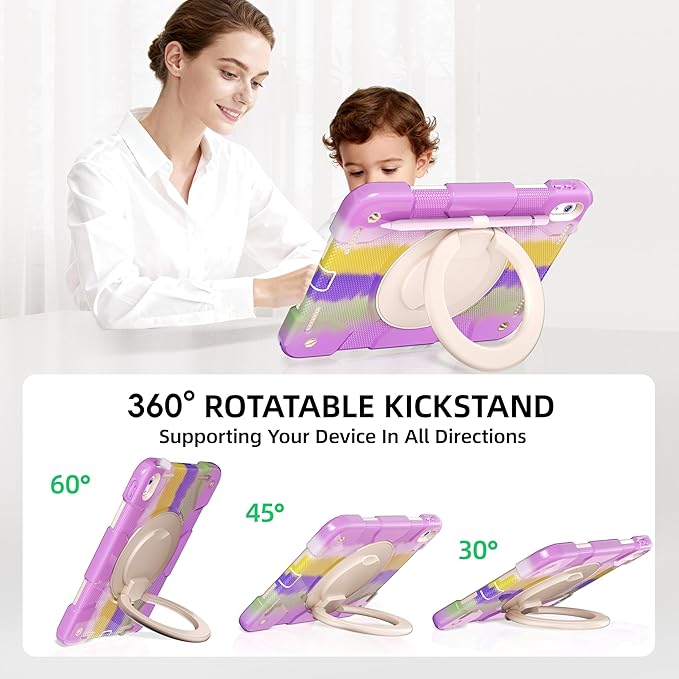 Andnary Case for iPad (A16) 11th Generation 11 inch 2025/10th Generation 10.9 inch 2022, Shockproof Cover with Screen Protector/360° Rotate Handle/Bracket/Pen Holder/Shoulder Strap (Colorful Purple)