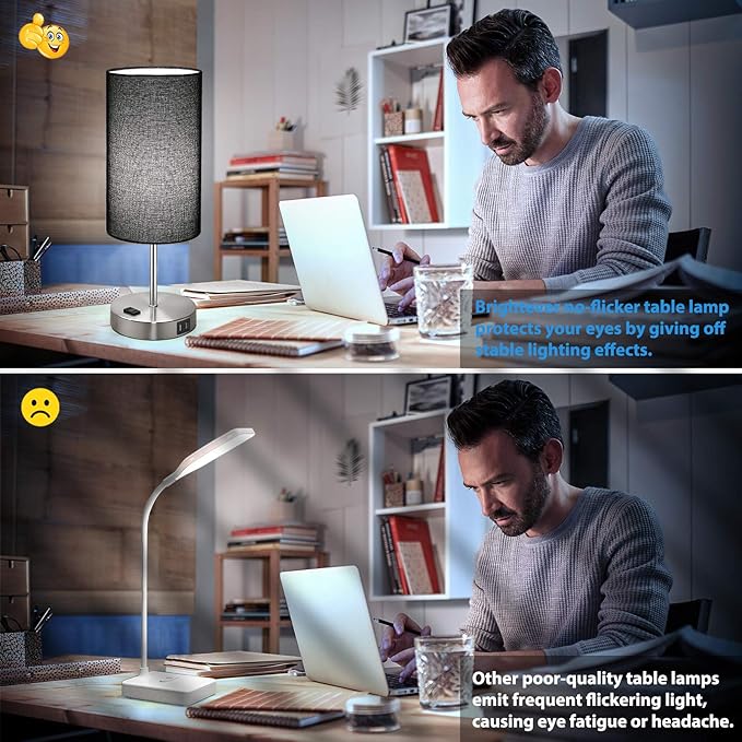 Black Touch Control Table Lamp Set of 2, with 2 USB Charging Ports&AC Outlet, 3-Way Dimmable Bedside Nightstand Lamps with Fabric Lampshade for Reading, Bedroom, Living Room, A19 LED Bulbs Included