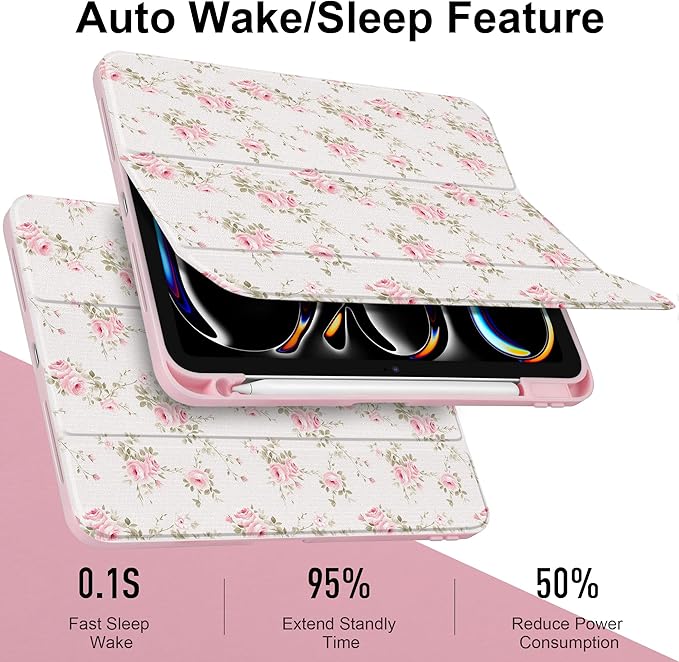 Case for iPad Pro 11 Inch (M5 2025 M4 2024) – [Built-in Pencil Holder], Shockproof & Stylish, Clear Hard Back + Soft TPU Edge, Magnetic Trifold Stand, Auto Wake/Sleep, Little Rose