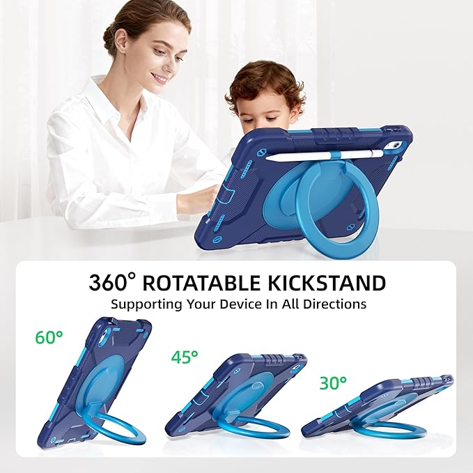 Andnary Case for iPad (A16) 11th Generation 11 inch 2025/10th Generation 10.9 inch 2022, Shockproof Cover with Screen Protector/360° Rotate Handle/Bracket/Pen Holder/Shoulder Strap (Navy+Blue)