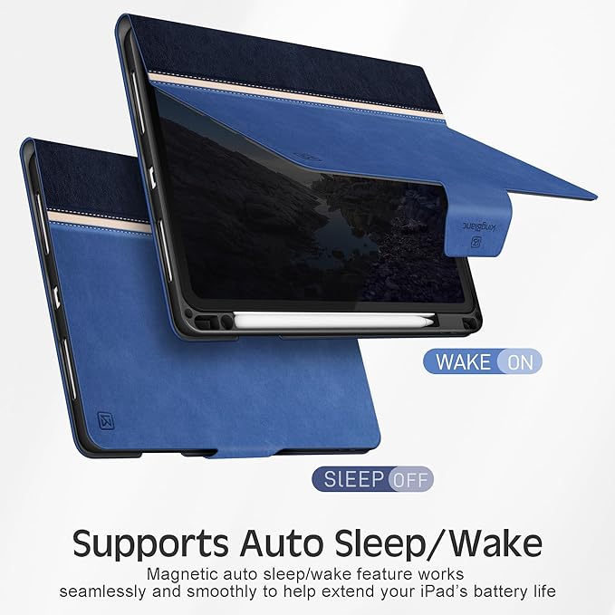 KingBlanc Case for iPad Air 13-inch M4/M3/M2 (2026/2025/2024) with Pencil Holder, Vegan Leather Cover, Auto Wake/Sleep, Multi-Angle Stand for Viewing & Drawing, Pencil Pro & USB-C Compatible, Blue