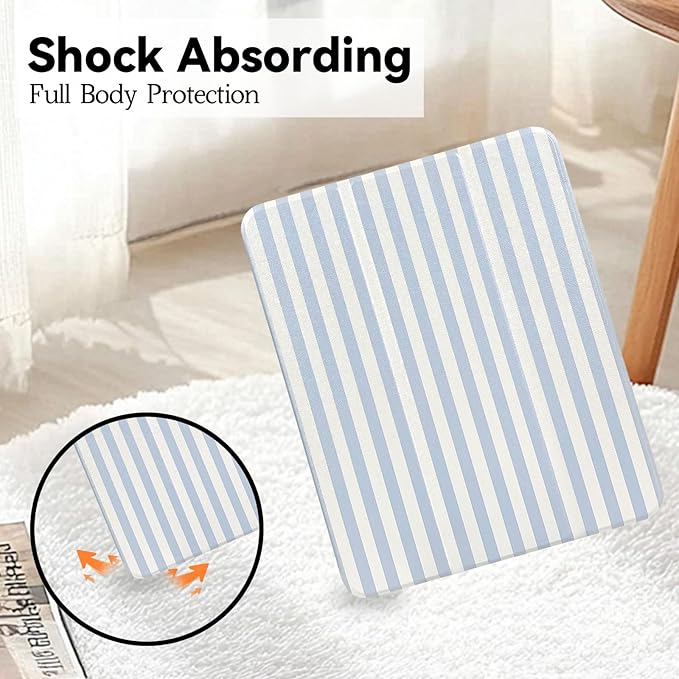 Lovmooful Compatible for iPad Pro 11-Inch,2022/2021/2020/2018 Model(4th/3rd/2nd/1st Generation) Case with Pencil Holder Cute Striped with Aesthetic Design Soft TPU Trifold Stand Protective-Blue&White