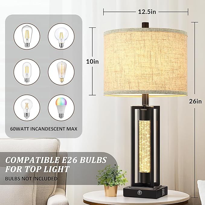 TOBUSA 26’’ Farmhouse Table Lamps for Living Room with Crystal Night Light Set of 2, Modern Nightstand Lamps with 2 USB Ports, Vintage Home Decor Black Bedside Lamps with Linen Shade for Bedroom
