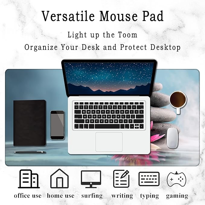 Zen Stone Spa Gaming Desk Mat Large,Water Lily Extended Mousepad,Non-Slip Rubber Mouse Pad Stitched Edges,Desktop Decorative Accessories for Home Office 31.5" x 15.7"