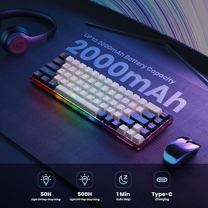 GEODMAER 65% Wireless Gaming Keyboard: LED Backlit, 68 Keys, Ultra-Compact, Anti-ghosting, No-Conflict Wireless Keyboard for PC Laptop Windows Gamer(White-Black)