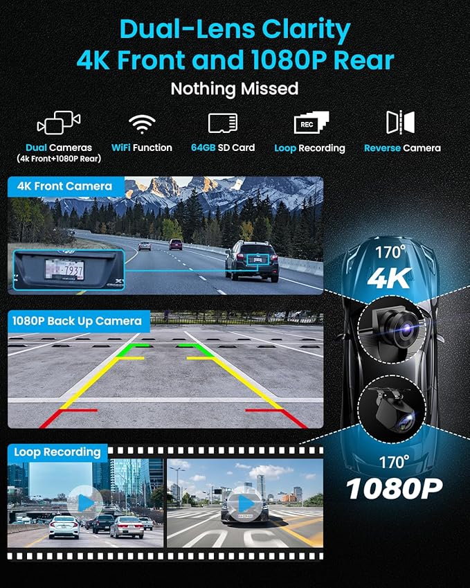 IK9 9" Wireless CarPlay & Android Auto Screen, Portable Car Stereo with 4K Dash Cam & 1080p Rear Camera, CarPlay with Backup Camera, Touch Screen GPS Display, Mirror Link, Apple Car Play Screen
