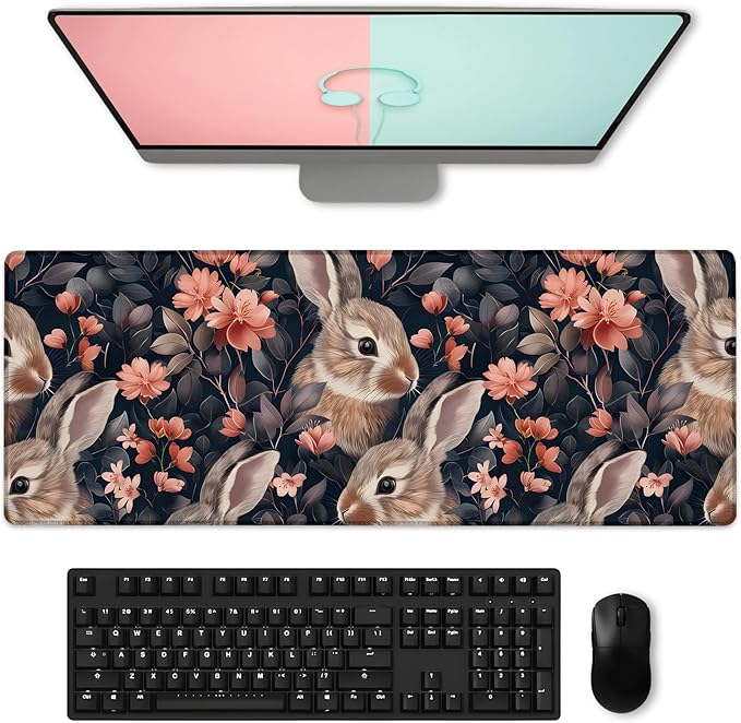 Graceful Bunny Gaming Mouse Pad, Large Cute Rabbit and Floral Desk Mat for Laptop Keyboard Computer, Non-Slip Rubber Base Desktop Extended Mousepad for Office Home Accessories 31.5"×11.8"