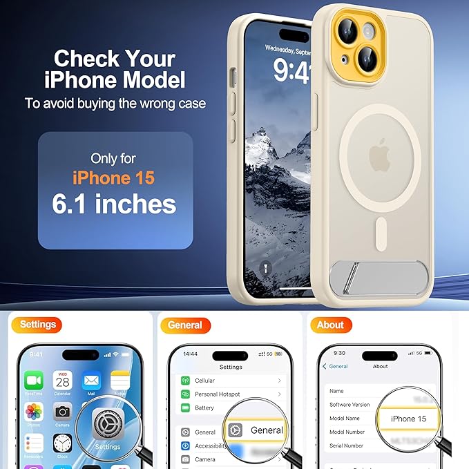 Magnetic Compatible with iPhone 15 Case, [Built-in Invisible Kickstand][Compatible with MagSafe][Full Camera Protection] Translucent Matte Phone Case for iPhone 15 6.1"